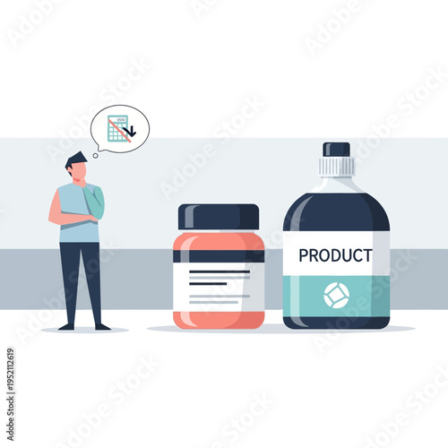 Man contemplating product sales decline with two product bottles.