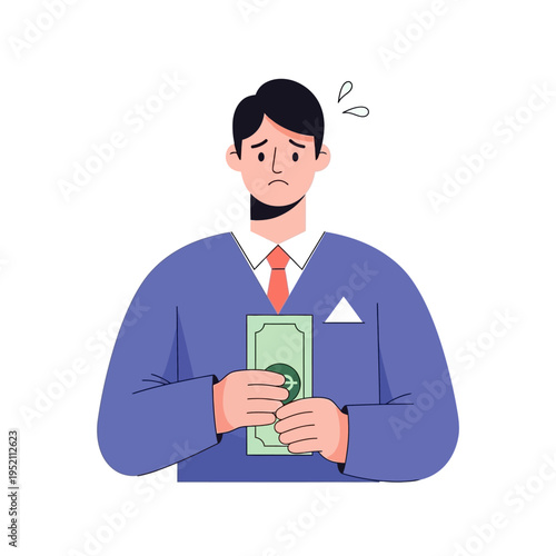 Stressed Businessman Holding Money Worried About Financial Problems.
