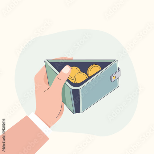 Hand holding a wallet with coins inside, representing financial concepts.
