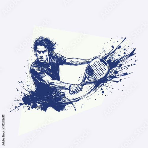 Dynamic Male Padel Racket Player in Ink Splash Sketch Style – Action Sports Illustration