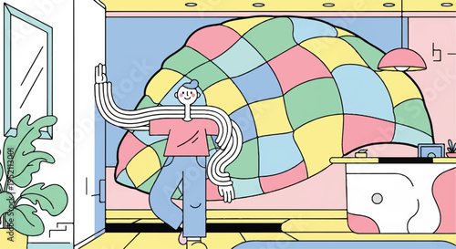 Man with long arms opening a door to a colorful, abstract room with a large patterned blanket