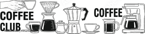 Coffee club hand drawn typography with brewing equipment mugs and coffee maker vintage vector illustration