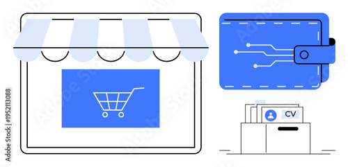 E-commerce concept. E-commerce elements thumbs up an online store, digital wallet, and resume storage highlight online shopping, electronic payments, and job application management. For fintech