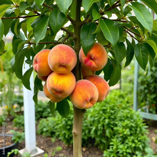 A young fruit tree in an urban garden, its slender trunk supporting an improbably heavy load of ripe peaches, with supportive stakes visible but barely needed