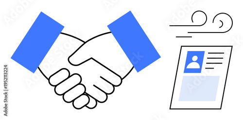 Collaboration concept. Handshake teamwork and partnership, with a resume submission document highlighting professional communication. Collaboration in HR, recruitment, business, networking