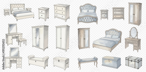 Watercolor illustration of elegant bedroom furniture set in classic style, including beds, dressers, wardrobes, and vanity tables.