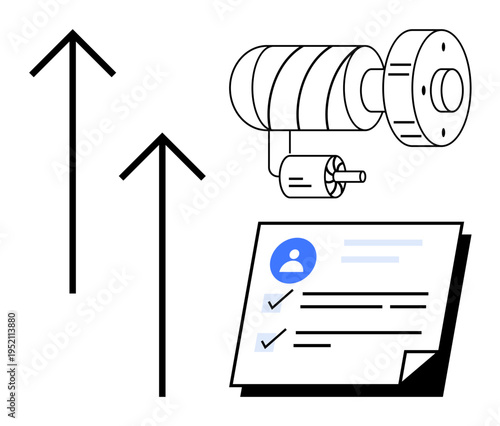 Mechanical component conveying innovation and design, upward arrows for progress, and a checklist for productivity. Ideal for engineering, project management, innovation, technology, manufacturing