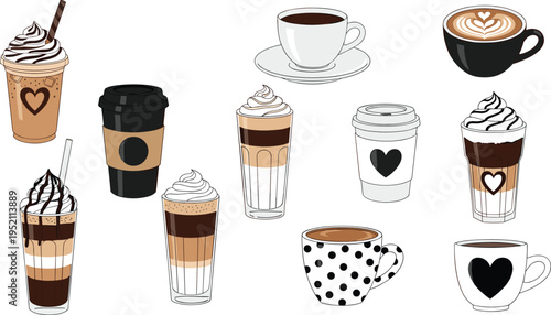 Coffee drinks set including latte cappuccino takeaway cups iced coffee and whipped cream beverages vector illustration