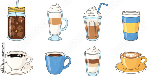 Coffee drinks collection including latte cappuccino iced coffee takeaway cup and espresso mug vector illustration set