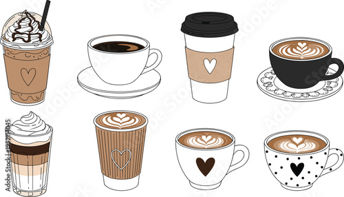 Coffee drinks collection including latte cappuccino espresso takeaway cup and whipped cream beverages vector illustration set