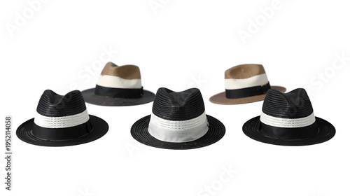 Six Black and White Striped Fedora Hats with Transparent Background six hats