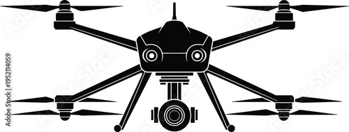 Black silhouette hexacopter drone front view illustration with six rotors and mounted camera, modern UAV technology concept for aerial photography, videography, surveillance, remote sensing artwork