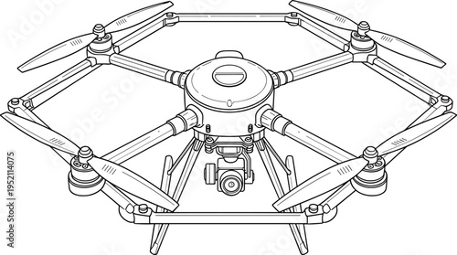 Detailed line drawing of hexacopter drone with six rotors and mounted gimbal camera, professional UAV design for aerial photography, videography, surveillance, robotics, remote sensing artwork