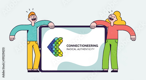 Two happy people holding a tablet displaying "CONNECTIONEEERING RADICAL AUTHENTICITY" and a logo