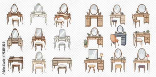 Set of vintage dressing tables with mirrors and stools, various styles of vanity furniture illustrations.