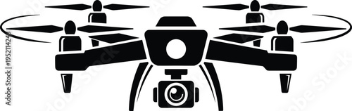 Minimalist black and white quadcopter drone silhouette illustration with mounted camera lens icon, modern UAV technology concept for aerial photography, videography, surveillance, delivery 
