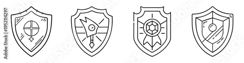 Set of four different shields in black and white line art
