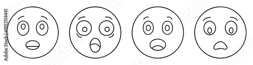 Four surprised emoji faces in a line art style on white background