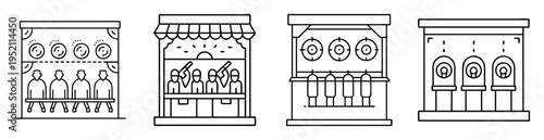 A set of four distinct carnival game booth illustrations in simple line art
