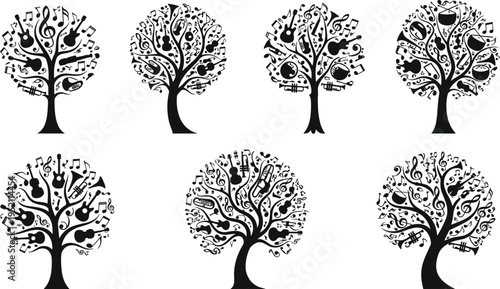 Music tree collection with instruments notes abstract artistic sound concept creative illustration decorative musical design isolated black silhouette set