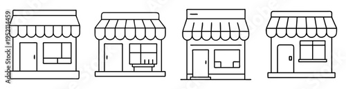 Stylized monochrome line drawings depict four shop fronts with different details