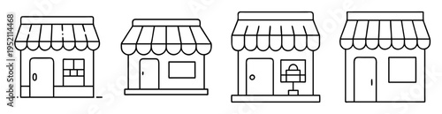 Line art illustrations of various storefronts with awnings and different details