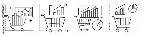 Shopping carts with graphs indicating market trends and financial transactions increase