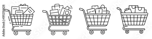 Four outlined shopping carts filled with boxes and bags, representing retail therapy