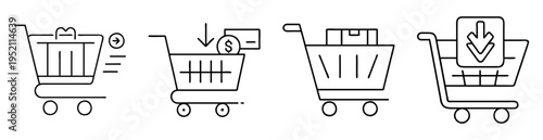 Set of four shopping carts with various actions and item representations