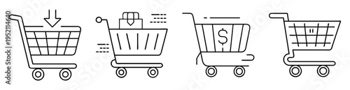 Four shopping carts or trolleys in various designs for online retail or delivery