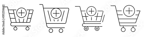 Four black outline shopping carts each containing a plus sign icon