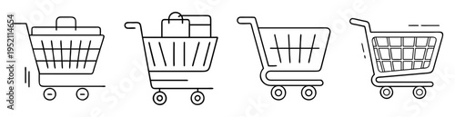 Line art illustration showcasing diverse shopping cart designs for online retail