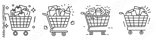 Four minimalist shopping carts filled with gifts and purchases ready for checkout