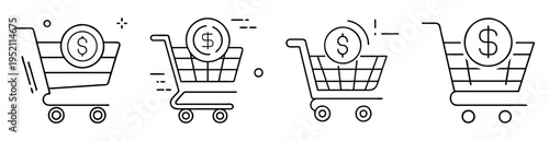 Four line art style shopping cart icons filled with a dollar coin