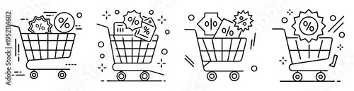 Shopping carts filled with percentage discounts representing sales and promotions