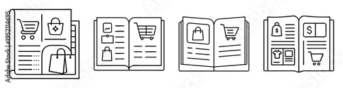 Book or catalog icons featuring shopping elements and retail concepts drawings