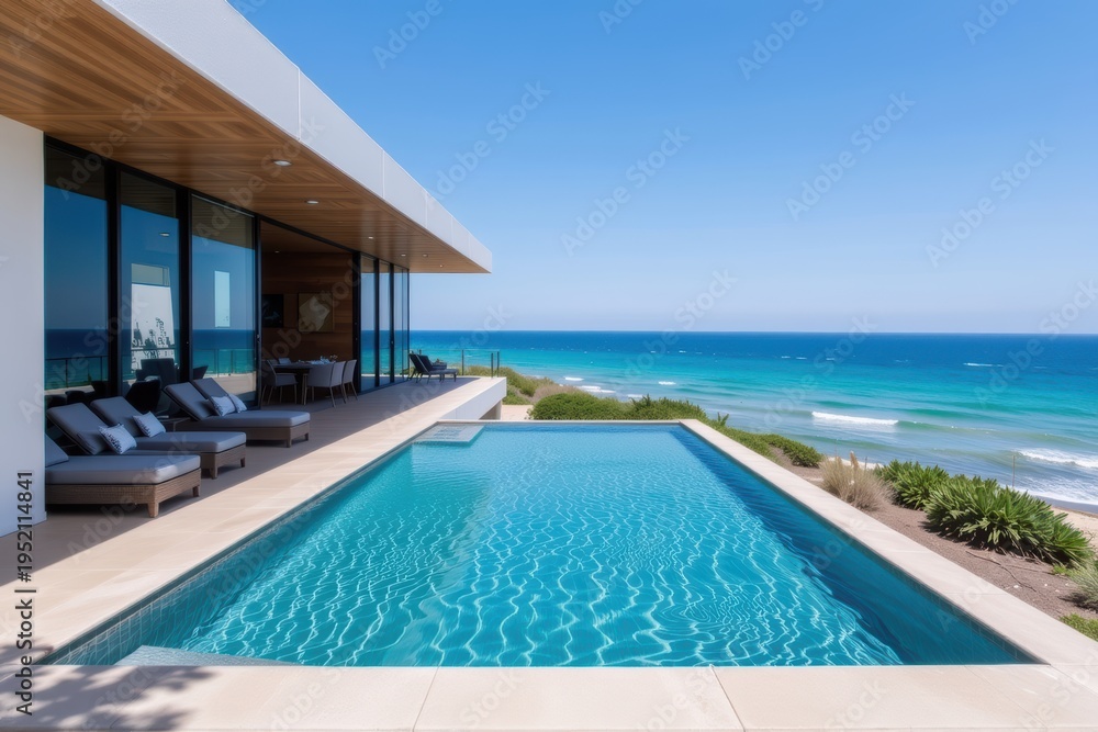 Fototapeta premium Modern dwelling unit concept. Modern house with a pool overlooking a clear blue ocean and sunny coastline.