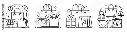 Diverse Shopping Icons with Bags, Cart, Gift, Money, and Stylish Shoe