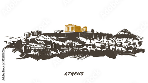 A sketch of the Acropolis in Athens, Greece, with the Parthenon highlighted in gold.