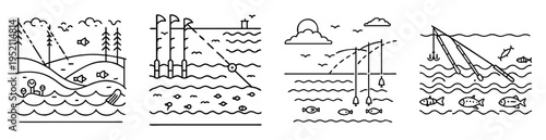 A whimsical line art depiction of fishing in different aquatic scenes