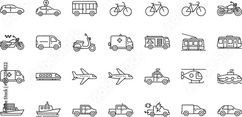 Obraz na plátne Transport line icons set with cars bikes buses emergency vehicles airplanes ship