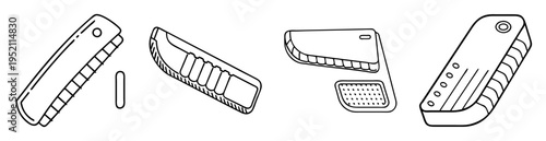 Various cosmetic applicators and containers in a black and white drawing