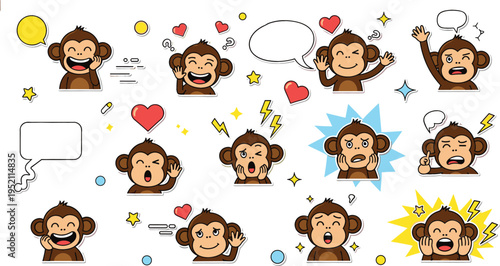 Cute monkey stickers set with speech bubbles and emotions, cartoon characters showing reactions, chat icons and expressive faces vector illustration collection