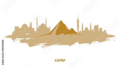 A stylized silhouette of the Cairo skyline, featuring the iconic Great Pyramid and various minarets and buildings, rendered in a sandy, golden-brown hue against a white background.