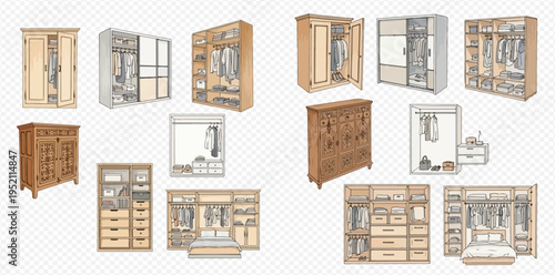 Collection of various wardrobe and closet designs for home interior organization and storage solutions.