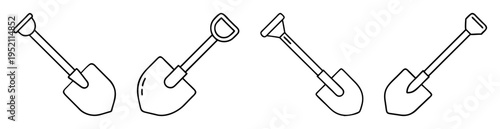 simple black outline drawing illustration of four shovels in various orientations