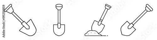 Vector outline illustration of multiple shovels in different positions and angles