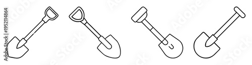 Outlined vector image showing different types of gardening or construction shovels