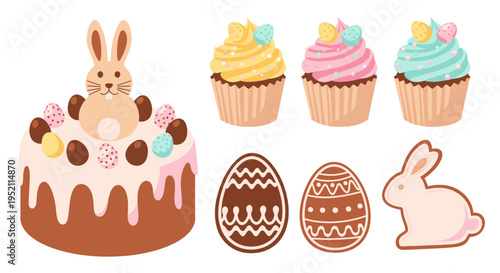 A festive Easter scene featuring a chocolate cake with a bunny on top, cupcakes, eggs, and a bunny cutout on a white background.