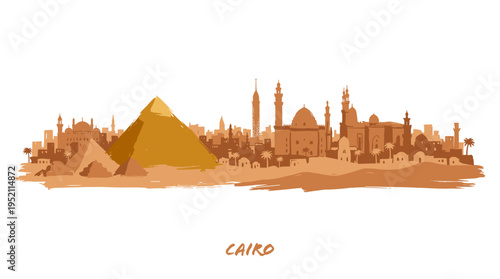 A stylized illustration of the Cairo skyline, featuring the Great Pyramid and various minarets and domes, rendered in warm, earthy tones.